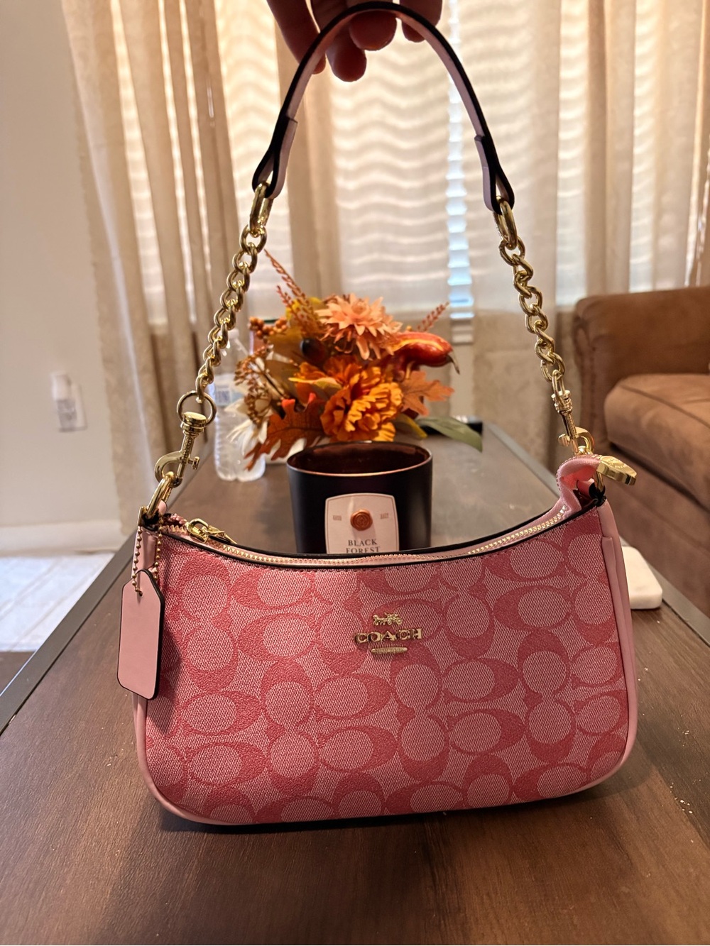 Coach Pink Signature Canvas Shoulder Bag with Gold Hardware